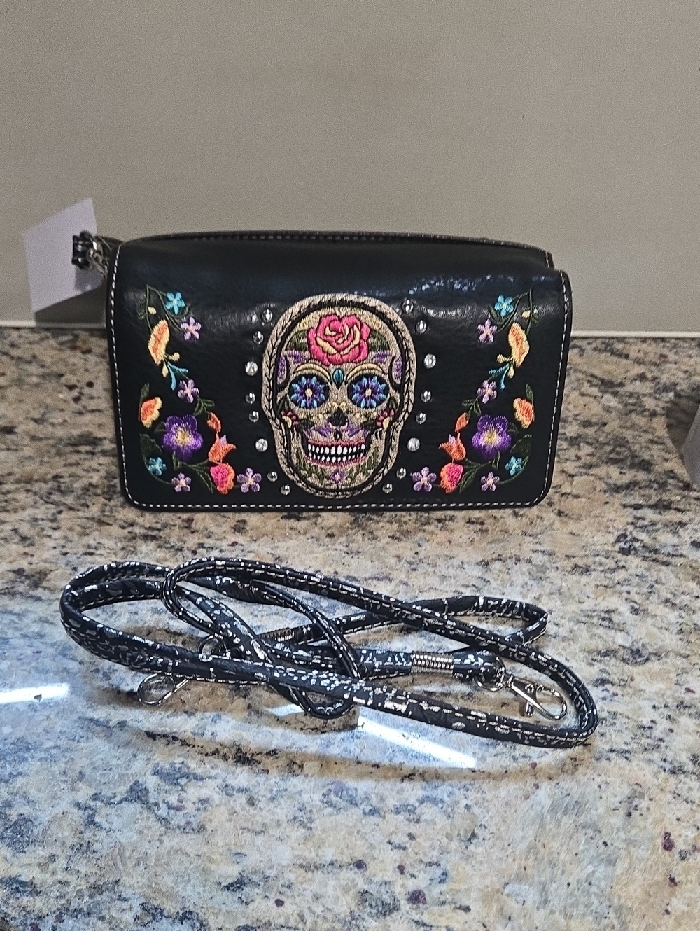 Black Embroidered Sugar Skull Crossbody Bag